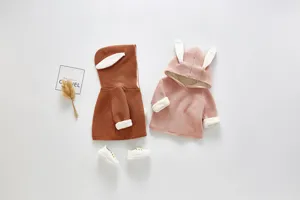 Cute baby rabbit ears knitted cardigan detail, plush thick winter toddler sweater display.