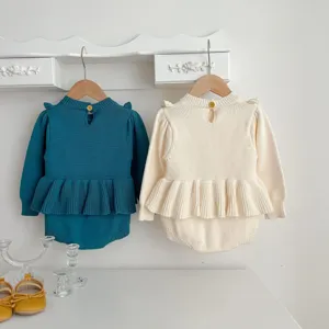 Cute baby knit romper for infant girls, autumn long sleeve ruffled crawler for daily wear.