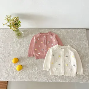 Cute baby girl knitted cardigan with floral embroidery, soft cotton sweater for autumn.