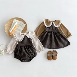 Fall baby girls plaid romper and dress set with ruffled collars and long sleeves.