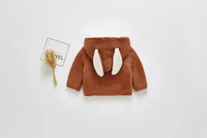 Baby knitted cardigan with cute rabbit ears hood, warm fleece lined brown toddler winter sweater.