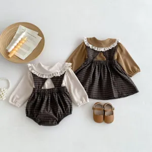 Autumn baby girls matching plaid romper and dress set with cute shoes for sweet toddlers.