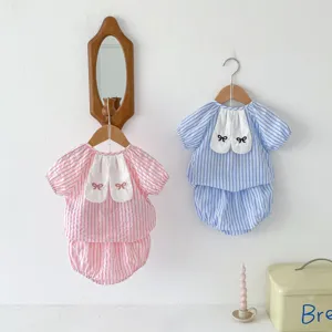 Summer baby girl cute Korean style pink blue striped bunny ear embroidered two piece outfit set