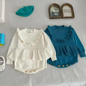 Cute infant baby girl knit romper with ruffle collar long sleeve autumn crawler clothing details