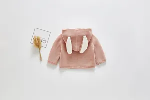 Cute baby knitted cardigan with adorable bunny ears, fleece-lined thick warm outerwear for winter.