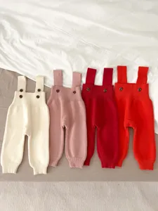Cute baby knitted strap pants set infant autumn warm solid color overalls cute toddler clothes