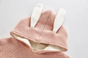 Baby pink knit cardigan with cute rabbit ears fleece lined infant winter sweater detail view