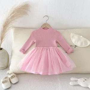 Bambina neonata rosa maglia pullover tulle giuntato principessa vestito manica lunga inverno