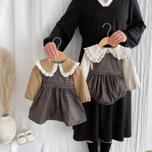 Infant Baby Girls Plaid Romper Dress Tops Korean Style Cute Cotton Sister Matching Outfit Casual Infant Clothing
