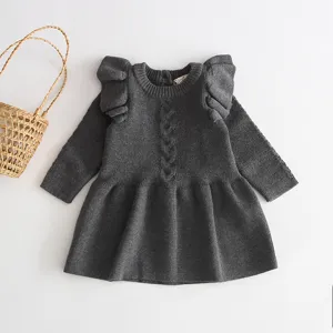 Dark grey knit baby dress with cute ruffle shoulders and cable knit design for girls autumn.