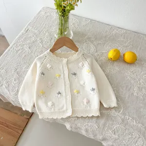 Baby toddler knit cardigan sweater cute handmade floral embroidery cotton knitwear top coat