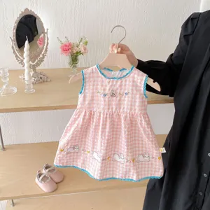 Mädchen Sommer Kariertes Kleid Süße Kaninchen Stickerei Ärmellos Rundhals A-Linie Baumwollkleid Kleinkind Kinder Freizeitkleidung