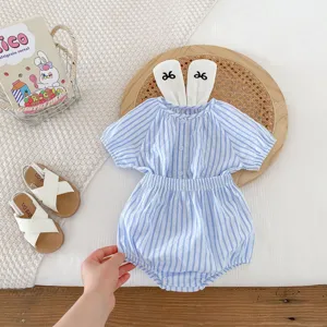 Cute baby girl blue striped two-piece outfit set with adorable rabbit ears design detail.