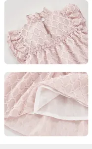 Summer toddler girl ruffle collar sleeveless dress detail, pink textured mesh fabric.