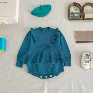 Infant baby girl knit romper with beret set, cute ruffled design for autumn wear.