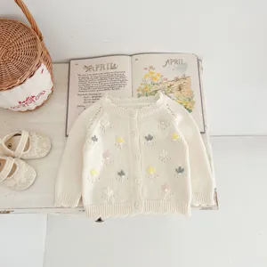Hand-embroidered baby girl knit cardigan, cute floral infant sweater, cotton yarn outer wear.