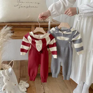Nahaufnahme des süßen Babystricksets mit gestreiftem Hoodie und Latzhose für den Herbst.