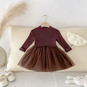 Bambina maglia rete manica lunga abito autunno inverno carina principessa vestito bimba