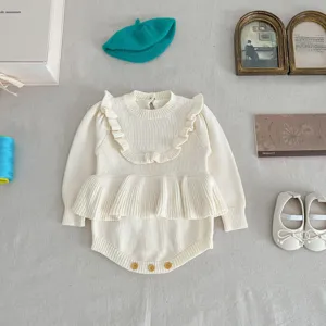 Infant baby girl knitted romper autumn cute ruffled long sleeve onesie crawler infant clothing