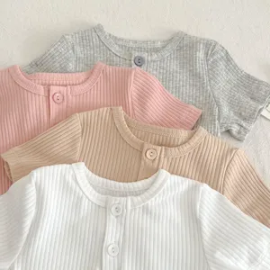 T-shirt a maniche corte a costine tinta unita per neonato bambino top carino e comodo