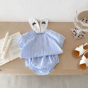 Baby girls summer blue white striped short sleeve top and shorts set with rabbit ears
