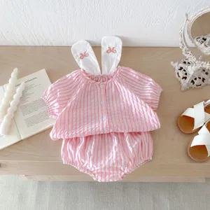 Summer baby girl pink striped bunny ear top and bloomer set with cute bow embroidery.