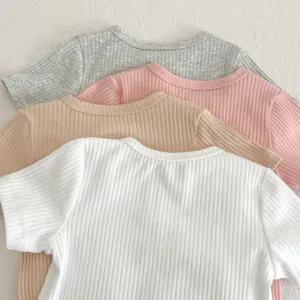 Bambino t-shirt a costine tinta unita neonato cotone girocollo dettaglio primo piano