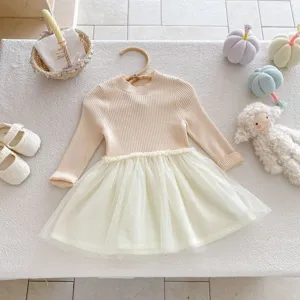 Abito bimba in maglia e tulle, grazioso vestito principessa maniche lunghe per autunno inverno.