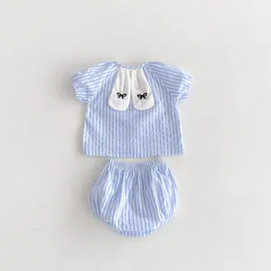 Summer baby girl blue striped short sleeve top bloomers set with cute rabbit ear collar.