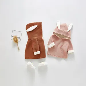 Infant Baby Hooded Sweater Cute Rabbit Ears Fleece Lined Cardigan Long Sleeve Cotton Knitwear Newborn Winter Warm Top