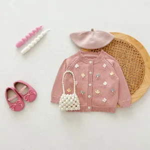 Baby girl handmade embroidered knit cardigan set with beret and pearl bag, autumn wear.