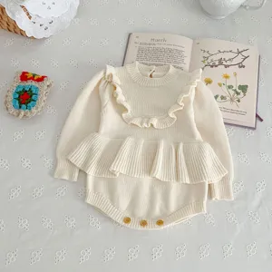 Infant baby girl knit romper, autumn cute ruffled long sleeve toddler bodysuit with skirt detail.