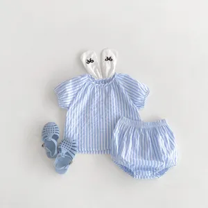 Summer baby girl blue striped short sleeve top bloomer shorts set with cute socks and sandals.