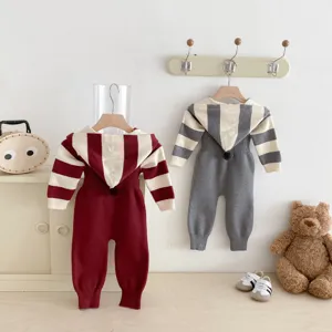 Baby Strick Kapuzen Jumpsuit süße gestreifte Kleinkind Strampler Herbst Babykleidung