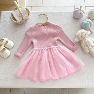 Bambina piccola maglione lavorato a maglia abito in tulle manica lunga inverno rosa festa