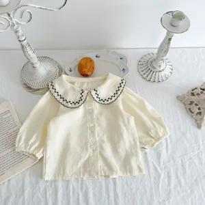 Baby Mädchen Baumwolle Langarm Bluse mit süßem schwarz bestickten Puppenkragen Oberteil.