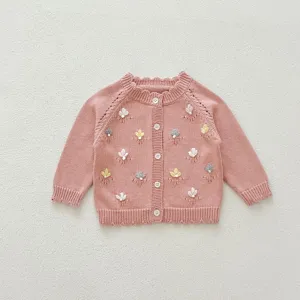Baby girl knit cardigan sweater with handmade floral embroidery, cute raglan sleeve winter coat.