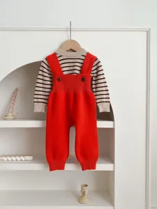 Baby knit sweater and red strap pants set, cute infant striped top and romper outfit