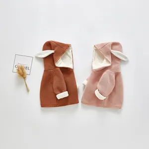 Cute baby knitted cardigan with rabbit ears fleece thick hoodie winter infant topwear