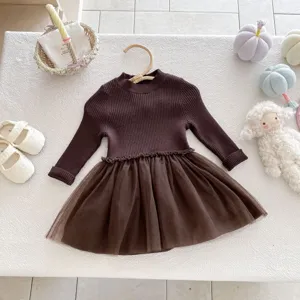 Abito da principessa in maglia e tulle a maniche lunghe autunno inverno bambina