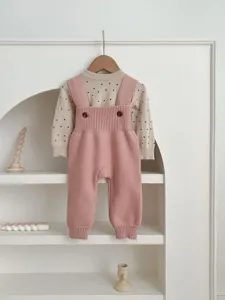 Charming baby knit overalls set with dotted long sleeve top, soft and comfortable for daily wear.