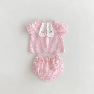 Summer baby girl pink striped short sleeve top and bloomers set cute bow kids clothing