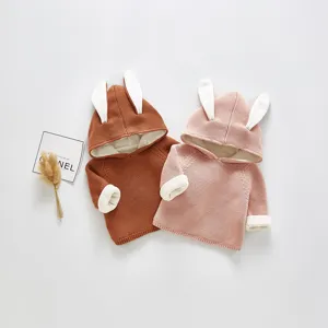 Cute baby knit sweater with rabbit ear hoodie, fleece lined warm infant cardigan top.