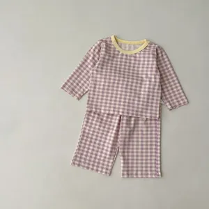 Infant purple gingham long sleeve top and pants set detail, soft cotton baby loungewear.