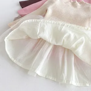 Dettaglio abito in maglia e tulle per bambina, morbido top in felpa con gonna a strati.
