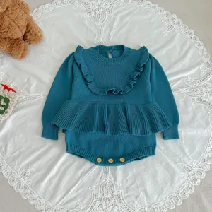 Baby knit romper infant autumn long sleeve ruffle jumpsuit cute newborn girl baby clothes