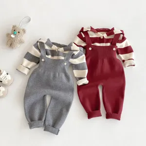 Herbst Baby Strickset Kapuze gestreiftes Top Latzhose zweiteilig für Jungen und Mädchen