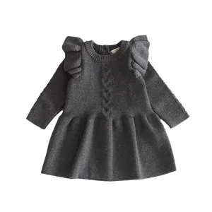 Cute baby girls long sleeve knit dress with ruffles and cable knit, grey winter toddler dress