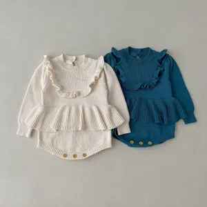Baby knit romper ruffle long sleeve jumpsuit infant cute baby girl autumn clothes detail