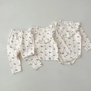 Infant baby floral cotton long sleeve top pants romper detail set cozy autumn sleepwear